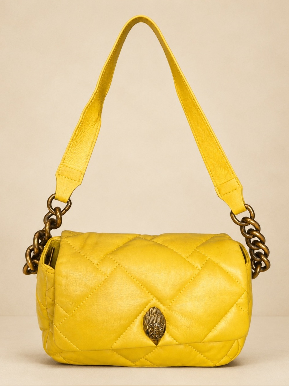 Kurt Geiger Quilted Yellow Leather Shoulder Bag with Chain Accents